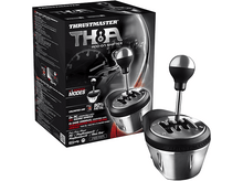 Charger l'image dans la galerie, Thrustmaster TH8A Add-on Shifter. Levier de vitesse argent et noir, boîte en arrière-plan.