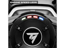 Charger l'image dans la galerie, Un volant noir avec des boutons, un logo et des LED de vitesse du moteur affichant des lumières vertes, rouges et bleues.