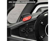 Charger l'image dans la galerie, Volant noir avec bouton rouge et boutons de commande. Texte blanc 'ON-WHEEL HANDBRAKE' au-dessus.