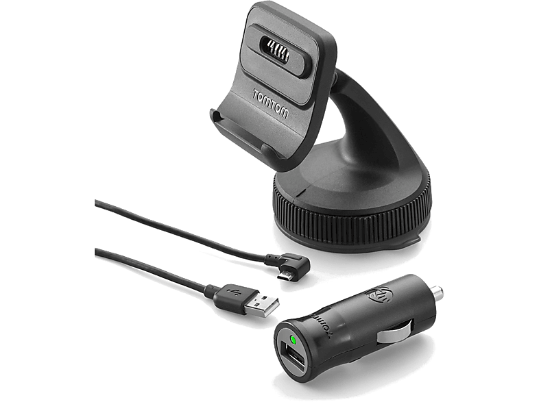 Support de voiture GPS TomTom avec chargeur et câble. Tous les éléments sont noirs.