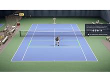 Charger l'image dans la galerie, Une scène de jeu de tennis avec un joueur sur un court bleu. Zone en surbrillance verte et instructions du jeu.