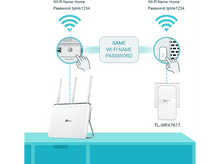 Charger l'image dans la galerie, Diagramme montrant un routeur et un répéteur, avec le même nom et mot de passe Wi-Fi.