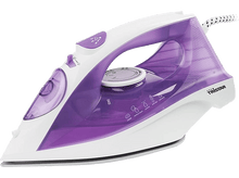 Charger l'image dans la galerie, Un fer à vapeur blanc et violet avec un réservoir d'eau transparent, sur fond noir.