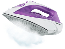 Charger l'image dans la galerie, Fer à repasser blanc et violet émettant de la vapeur. Il est sur une surface blanche, légèrement incliné vers le haut.