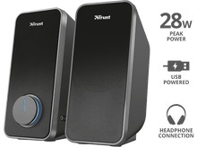 Charger l'image dans la galerie, Haut-parleurs Trust noirs avec contrôle du volume, prise casque et USB.