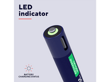 Charger l'image dans la galerie, Batterie rechargeable bleue avec indicateur LED et graphique d'état de charge. Lumière verte visible.