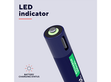 Charger l'image dans la galerie, Batterie rechargeable bleue avec un indicateur LED vert. Texte : État de charge de la batterie. Recharge 500 mAh.
