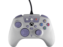 Charger l'image dans la galerie, Manette Xbox, blanche avec accents violets, câble noir, et divers boutons.