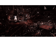 Charger l'image dans la galerie, Ring de boxe avec images de boxeurs sur écrans, foule et scène dans une grande arène.