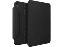 Charger l'image dans la galerie, Un étui noir pour iPad. Fermé, avec un design géométrique sur la couverture et un côté pour tenir l'appareil.