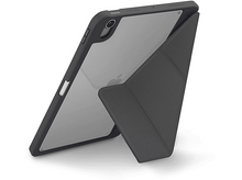 Charger l'image dans la galerie, Une coque d'iPad gris foncé avec un dos transparent, posée en position debout sur une surface blanche.
