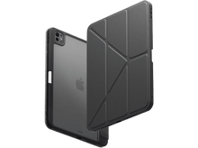 Charger l'image dans la galerie, Étui iPad noir avec un dos transparent révélant le logo Apple, avec le couvercle partiellement ouvert.