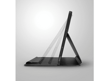 Charger l'image dans la galerie, Un étui de tablette noir sur fond clair, avec plusieurs positions angulaires.