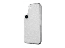 Charger l'image dans la galerie, Une coque de téléphone transparente avec des paillettes et trois objectifs d'appareil photo, fond blanc.