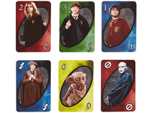 Charger l'image dans la galerie, Cartes Uno Harry Potter. Hermione, Ron, Harry, Dumbledore, Dobby et Voldemort. Chaque carte a une image.