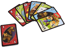 Charger l'image dans la galerie, Cartes Uno Minecraft en éventail. Une carte est séparée. Fond blanc.