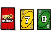 Charger l'image dans la galerie, Trois cartes Uno : dos rouge avec texte, 7 jaune et 0 vert. Fond blanc.