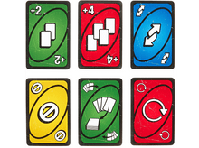 Charger l'image dans la galerie, Six cartes de jeu Uno, montrant diverses cartes d'action et de chiffres.