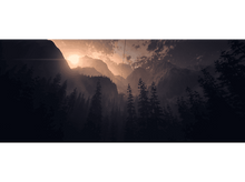 Charger l'image dans la galerie, Paysage de montagne au coucher du soleil. Arbres et montagnes en silhouette. Le ciel est orange et violet.