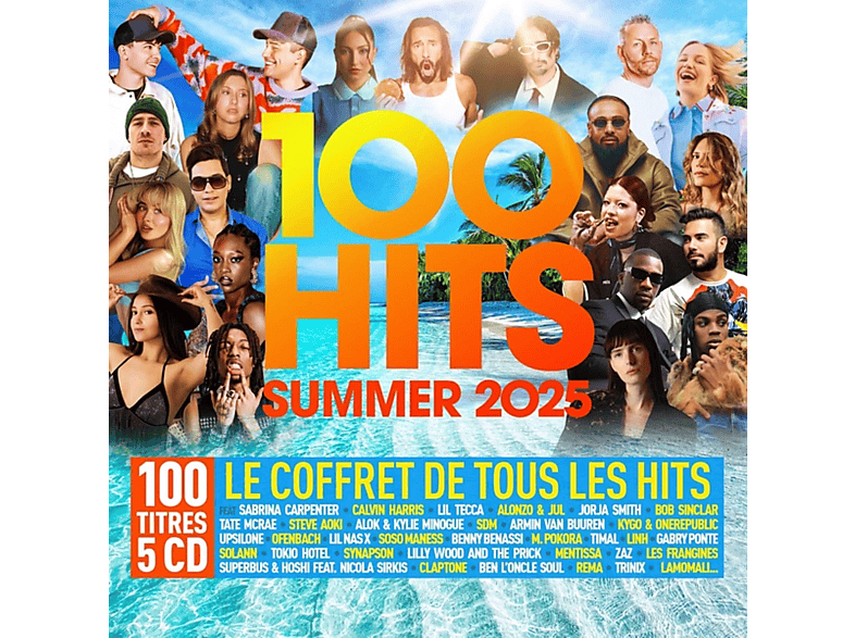 Pochette de l'album 100 Hits Summer 2025 avec de nombreuses personnes et une piscine.