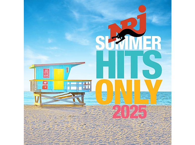 Scène de plage avec poste de sauveteur, logo NRJ, texte 'Summer Hits Only 2025', ciel bleu.