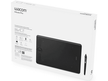 Charger l'image dans la galerie, Boîte Wacom Intuos Pro. Tablette noire, stylo et boîte avec informations, fond blanc et marque Wacom.