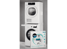 Charger l'image dans la galerie, Ensemble lave-linge et sèche-linge blancs, et une boîte de kit d'empilage. Fond gris.