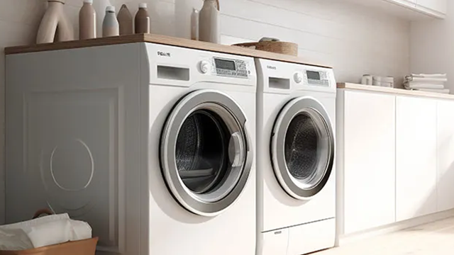 Deux lave -linge dans un pièce de maison au décor épuré.