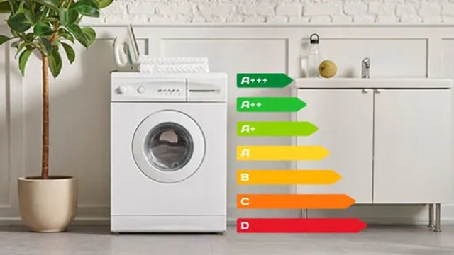 Un lave linge blanc à côté d'une échelle représentant les classes énergétiques allant de A+++ à D.