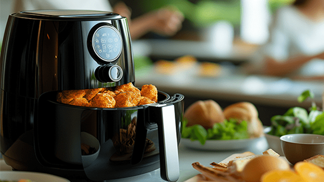 Une friteuse à air posé sur une table dont le réservoir ouvert nous laisse voir des pilons de poulets grillés.