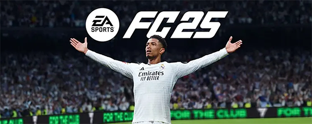 Image promotionnelle du jeu EA Sports FC 25 montrant un footballeur en maillot blanc, bras ouverts devant un stade rempli.
