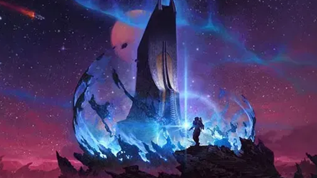 Image promotionnelle du jeu vidéo Starfield. Un personnage se dirige vers une construction entouré d'une aura bleu. Au loin, on distingue des étoiles et une planète.
