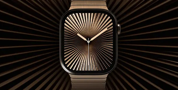 Une Apple Watch avec un cadran à aiguilles sur un noir traversé par des lignes dorées.