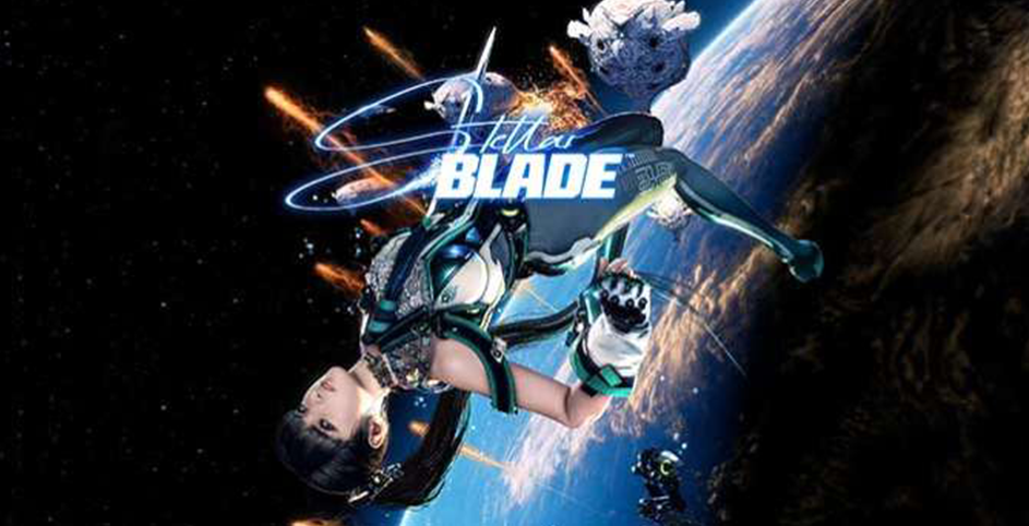 Image de présentation pour le jeu vidéo Stellar Blade. UIne jeune femme se bat dans l'espace. 
