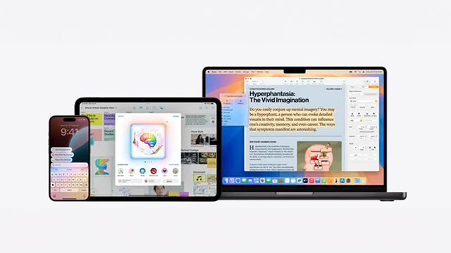 Une publicité représentant un iPhone, un iPad et un MacBook pour Apple Intelligence.
