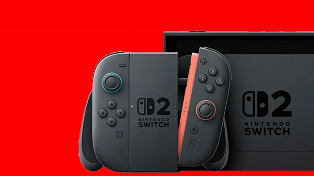 Une nintendo Switch 2 et son Joy-Con vues de face sur un fond rouge.