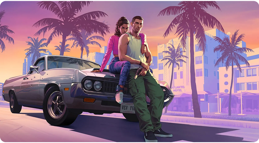Image promotionnelle de GTA VI. Les deux héros du jeu sont assis sur le capot d'une voiture. Au fond on distingue des palmiers et les bâtiments de la ville.