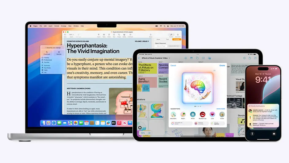 Un MacBook, une tablette et un iphone affichent des applications, des documents et des notifications sur leurs écrans allumés.