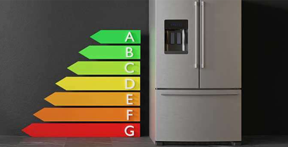 Un réfrigérateur sur un fond gris. Juste à côté une représentation échelonné des différentes classes énergétiques.