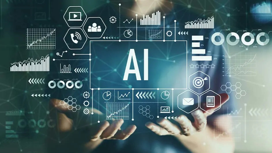 Illustration de l'intelligence artificielle avec graphiques, données et icônes numériques.