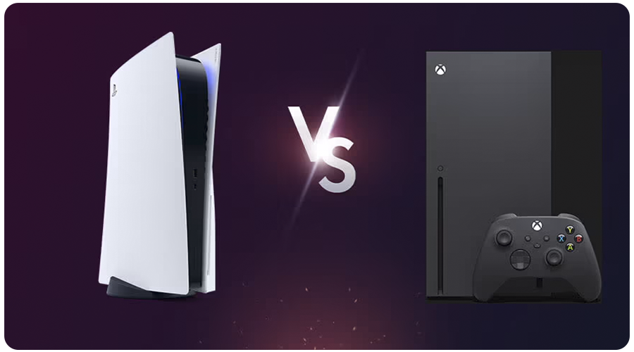 Une PS5 et une Xbox Series X l'une à coté de l'autre sur un fond violet.