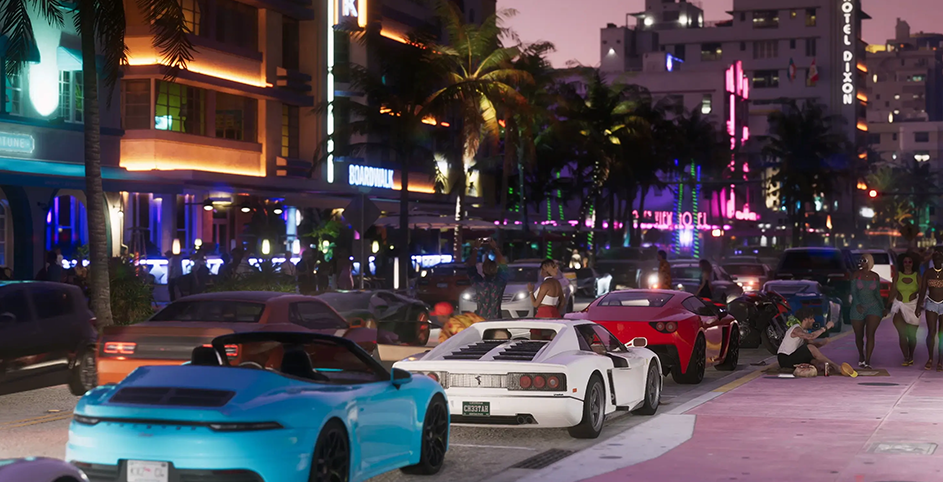 capture d'écran du trailer de GTA 6 montrant une rue embouteillé de vice city.