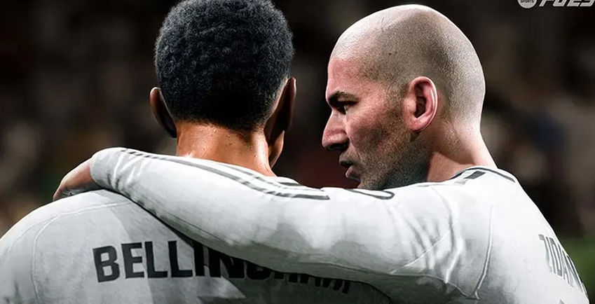 Image du jeu EA Sports FC 25 montrant Zidane et Bellingham en maillot blanc, bras sur l’épaule.