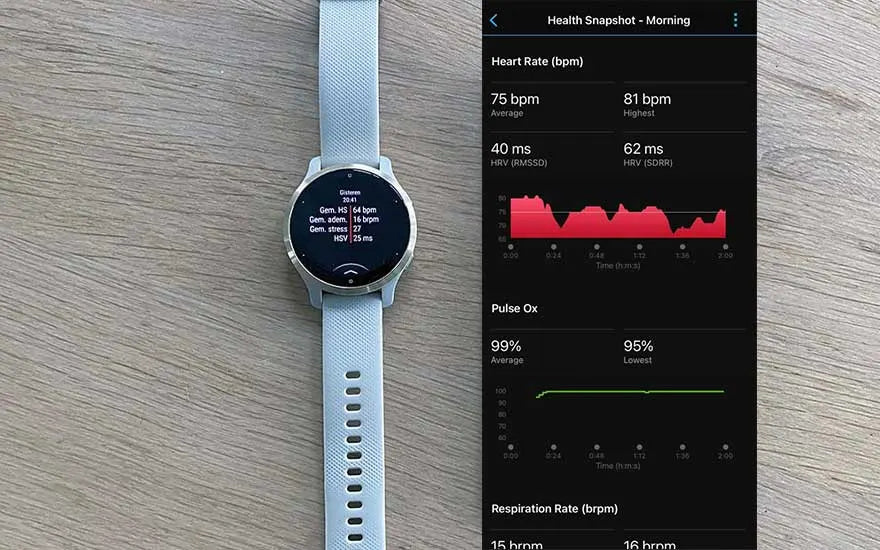 Une montre Garmin et son application affichent un bilan de fréquence cardiaque et d'oxygénation.