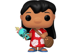 Figurine Funko Pop de Lilo tenant la poupée Stitch. Peau marron, robe rouge et sac marron.