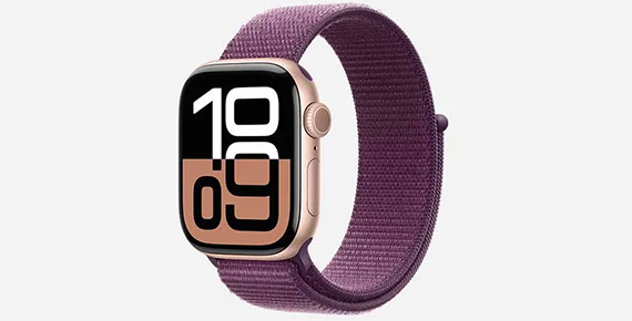 Apple Watch Series 10 avec bracelet en tissu violet.