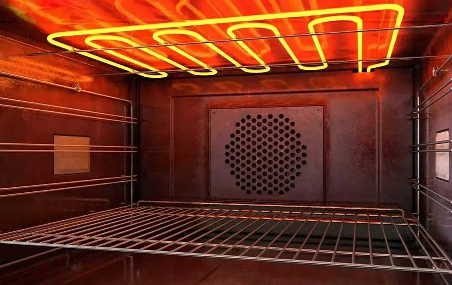 Intérieur d’un four avec résistance supérieure allumée, grille métallique et ventilation visible au fond.
