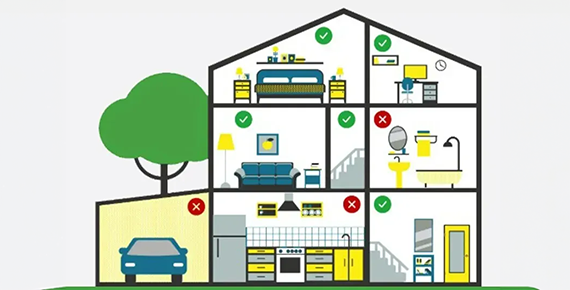 Un schéma indiquant l'installation optimale de détecteurs dans les pièces d'une maison à plusieurs étages.