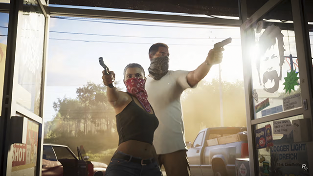 Deux personnages masqués et armés braquent un commerce dans GTA 6.