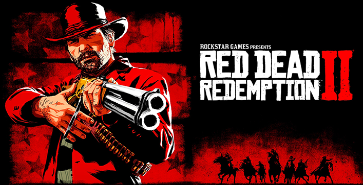 Arthur Morgan, héros du jeu, pointe un fusil à côté du logo de Red Dead Redemption II, sur un fond rouge et noir.